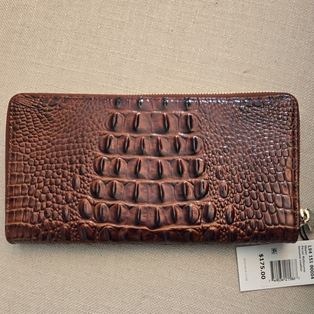 Brahmin Skyler Pecan Brown Leather Crocodile Textured Zip Wallet